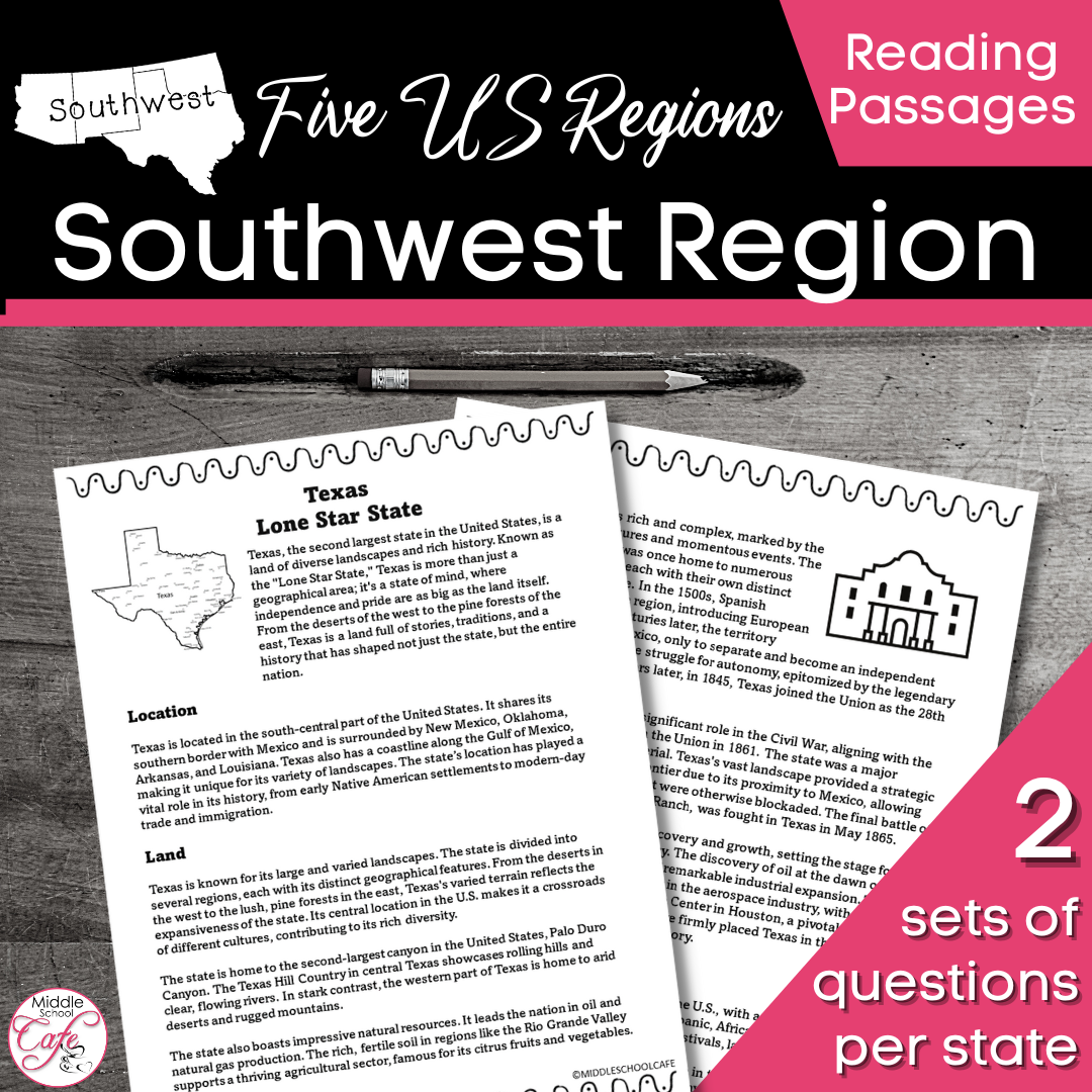 5 Regions of the US | Southwest Region Reading Passages | US Region Activity