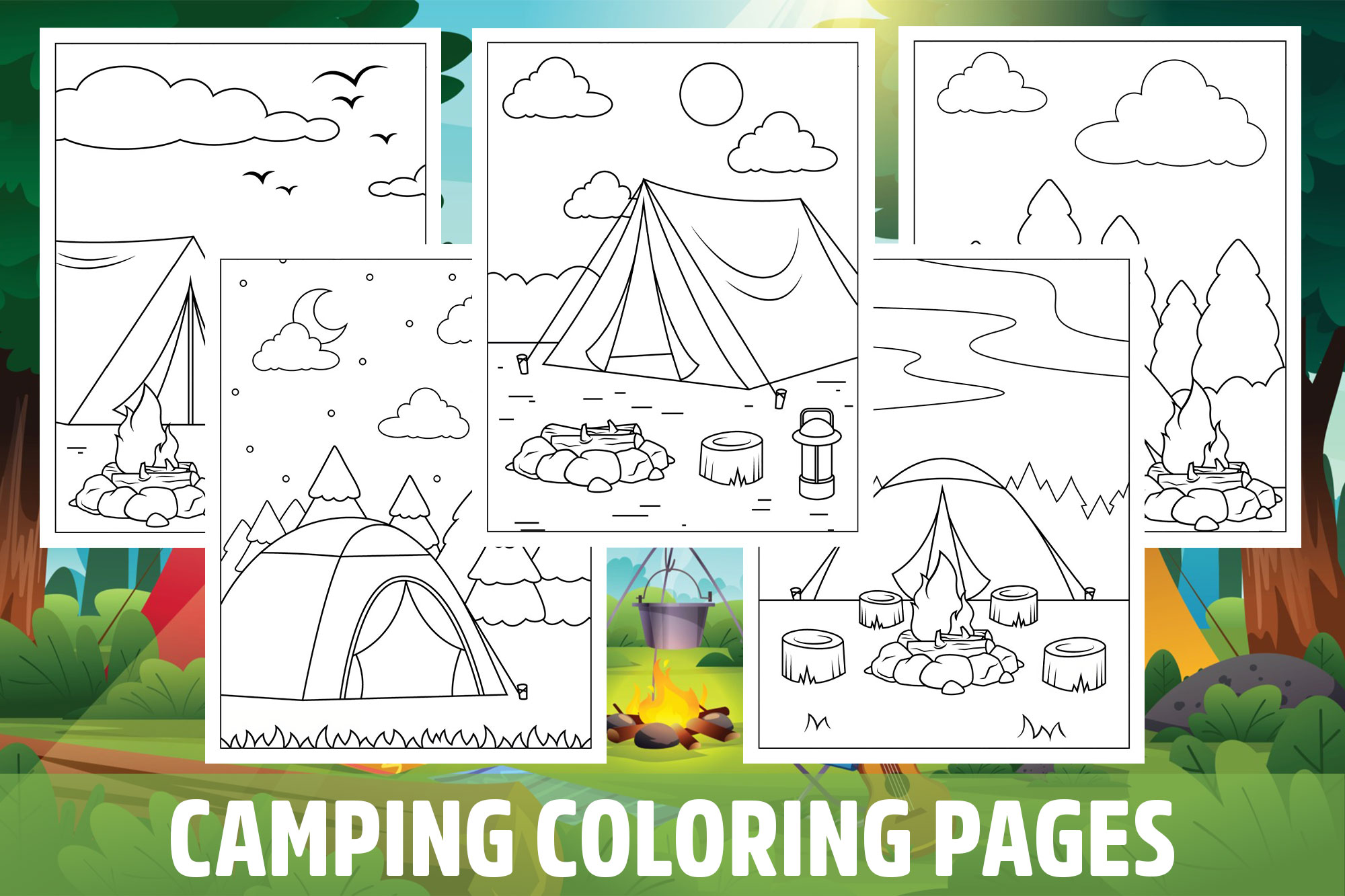 Camping Coloring Pages for Kids, Girls, Boys, Teens Birthday School Activity