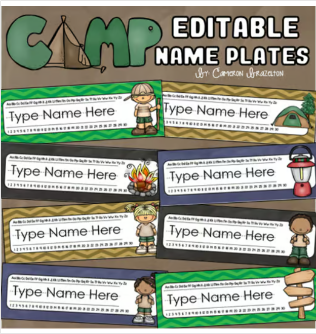 Name Tags Plates Desk Labels Camping Camp Out Theme Editable