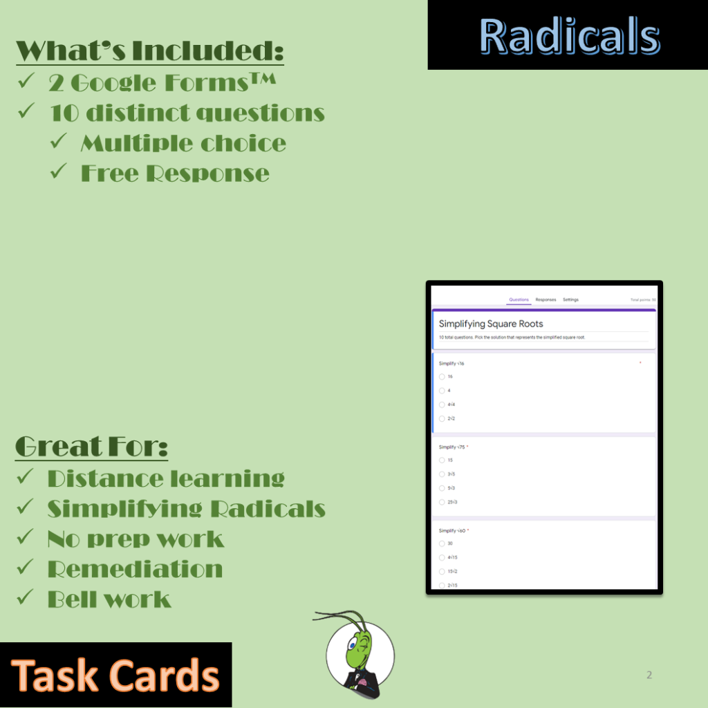 Simplify Radicals Mini Quiz Google Forms Distance Learning | Made By ...