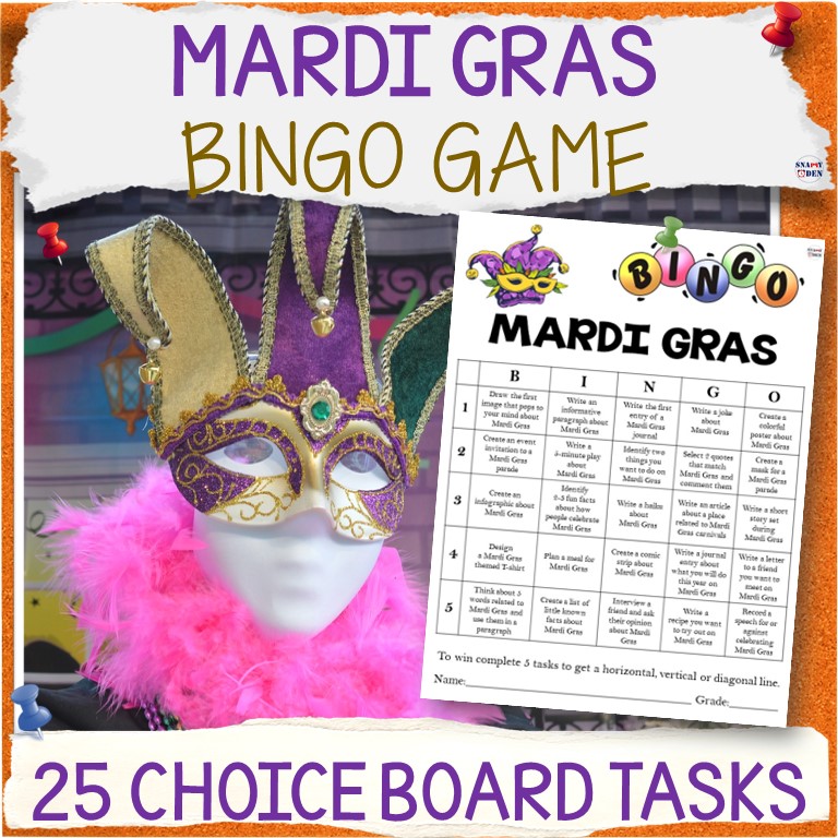 Mardi Gras Bingo Game, NO PREP Middle School Spring Activities Choice Board