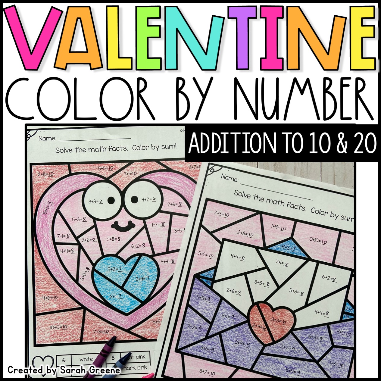 Valentine's Day Color by Number for Addition to 10 and 20