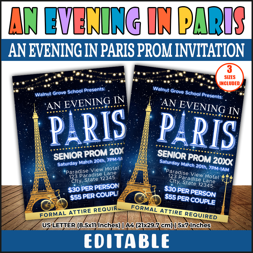 An Evening In Paris Prom Invitation Flyer Template, School Parisian Theme Prom Dance Night Invite
