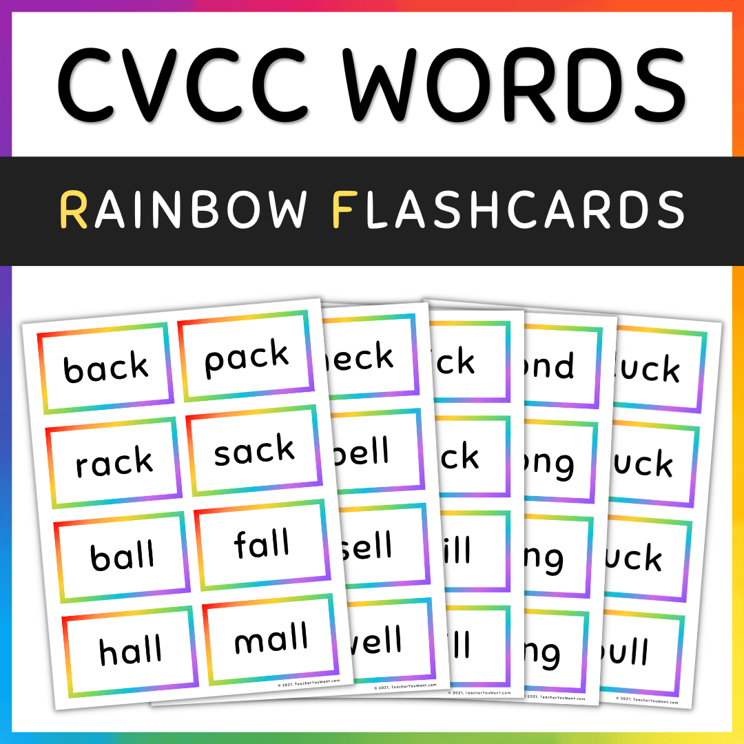 CVCC Words Rainbow Flash Cards, Short Vowels (A E I O U)