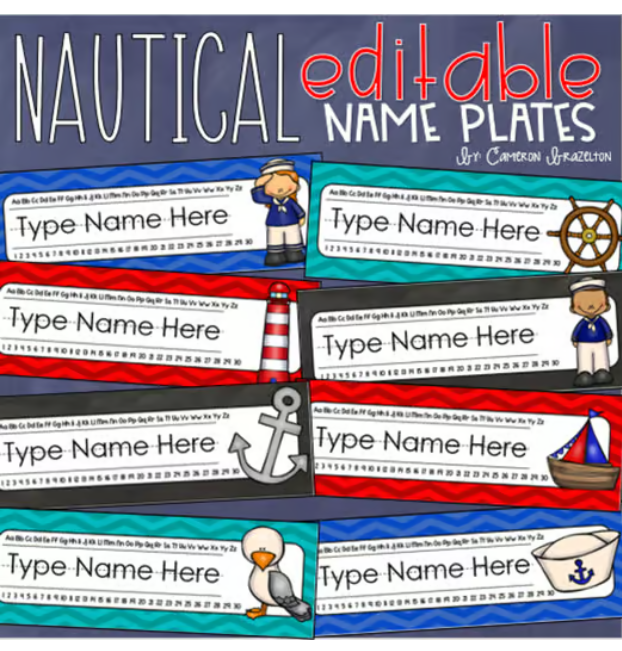 Name Tags Plates Desk Labels Nautical Sailing Theme Editable