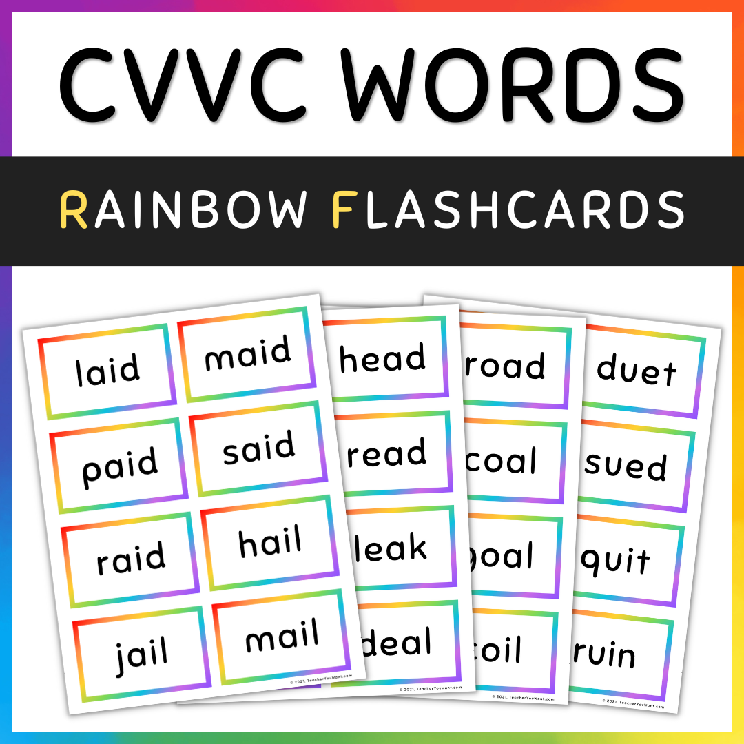 CVVC Words Rainbow Flash Cards, Long Vowels (A E O U)