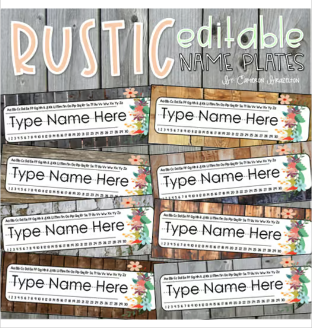 Name Tags Plates Desk Labels Rustic Farmhouse Shabby Chic Theme Editable