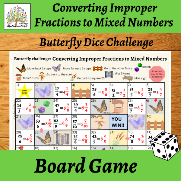 Converting Improper Fractions to Mixed Numbers Butterfly Board Dice ...