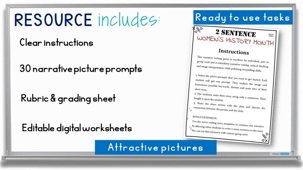 2 Sentence Women's History Month Story Writing Activities with Picture ...