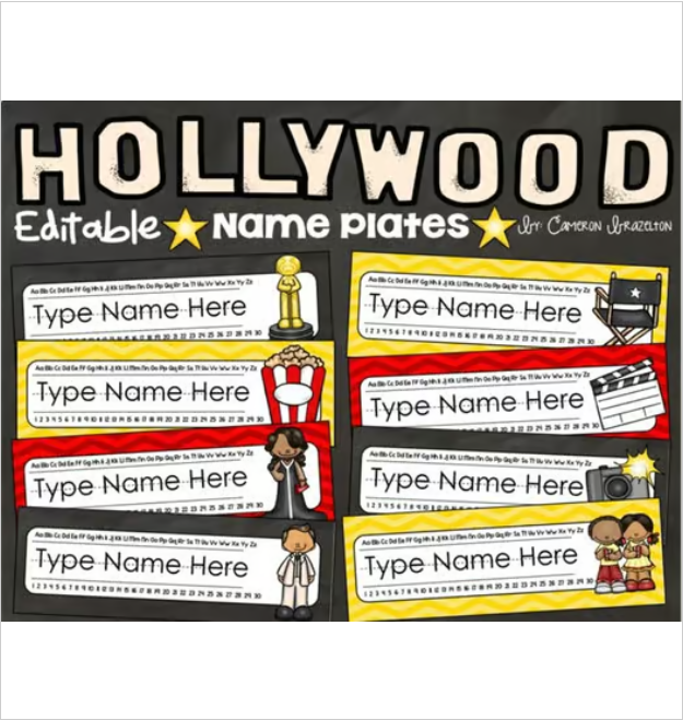 Name Tags Plates Desk Labels Hollywood Movies Theme Editable
