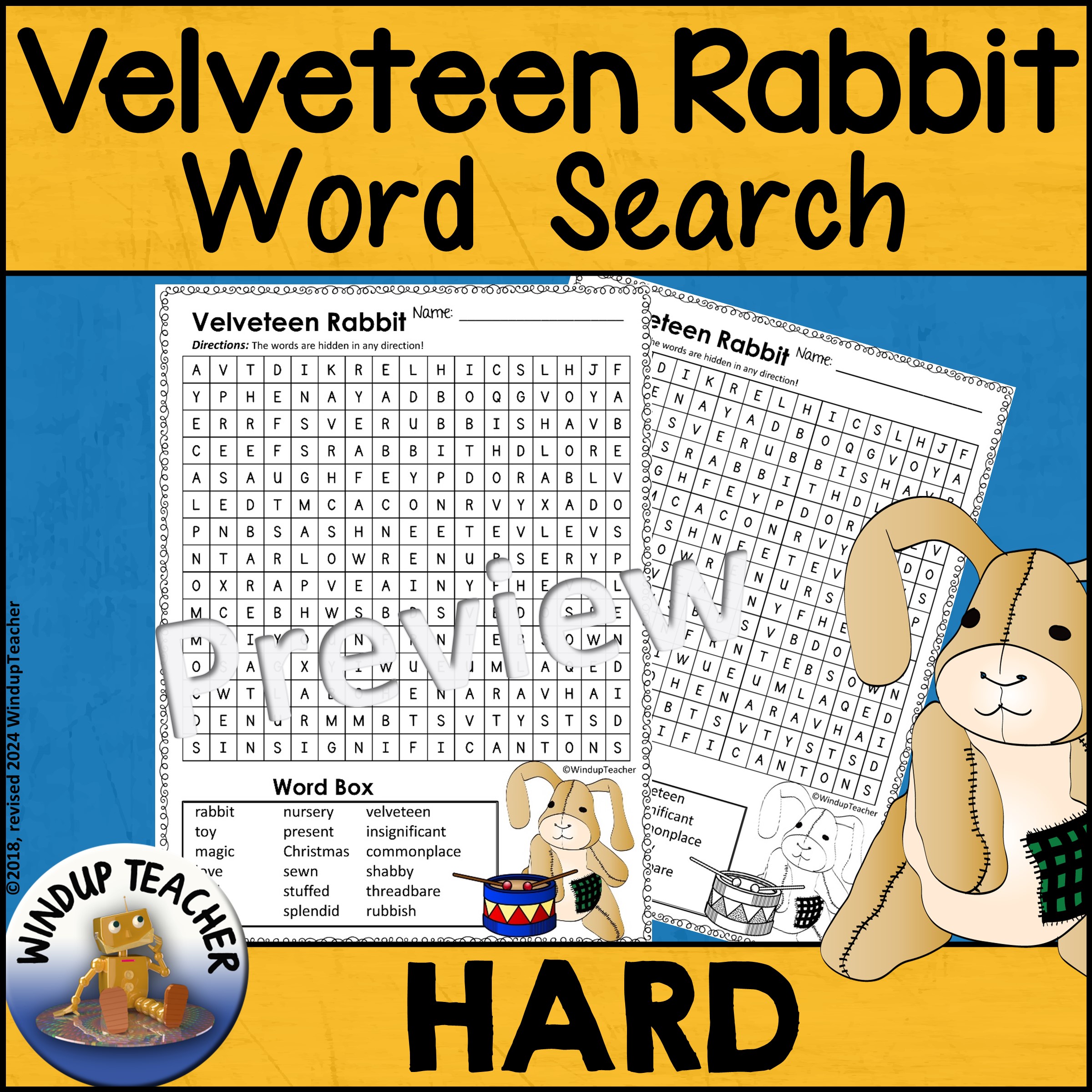 Velveteen Rabbit Word Search - HARD Puzzle Activity Sheet