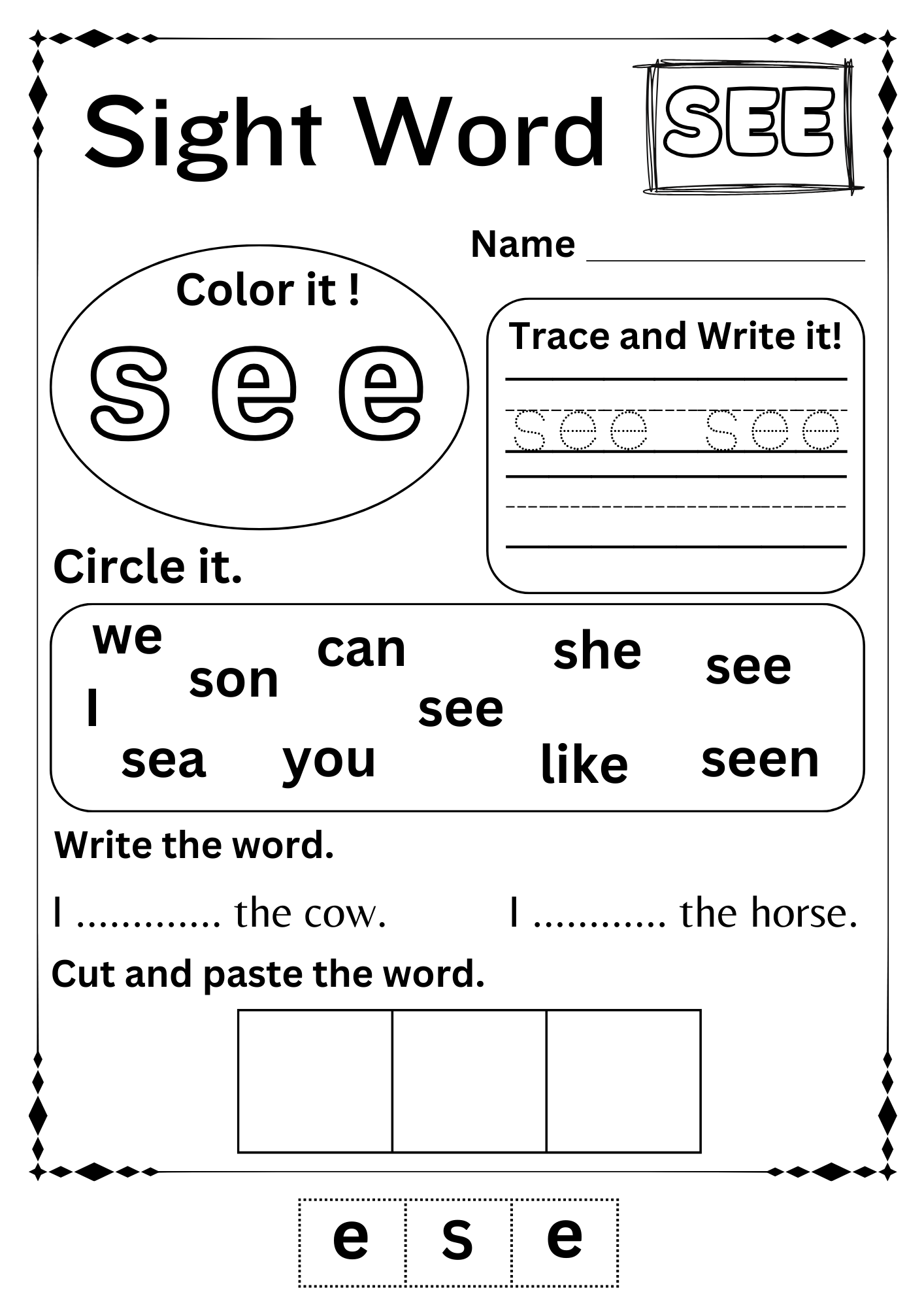 sight word see worksheets for kindergarten
