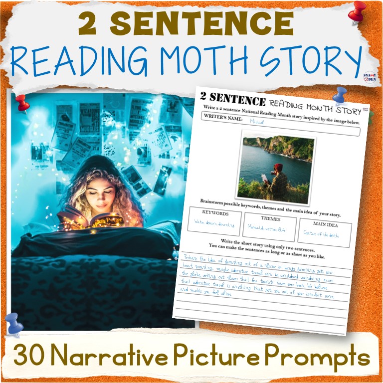 2 Sentence National Reading Month Story Writing Activities with Picture Prompts