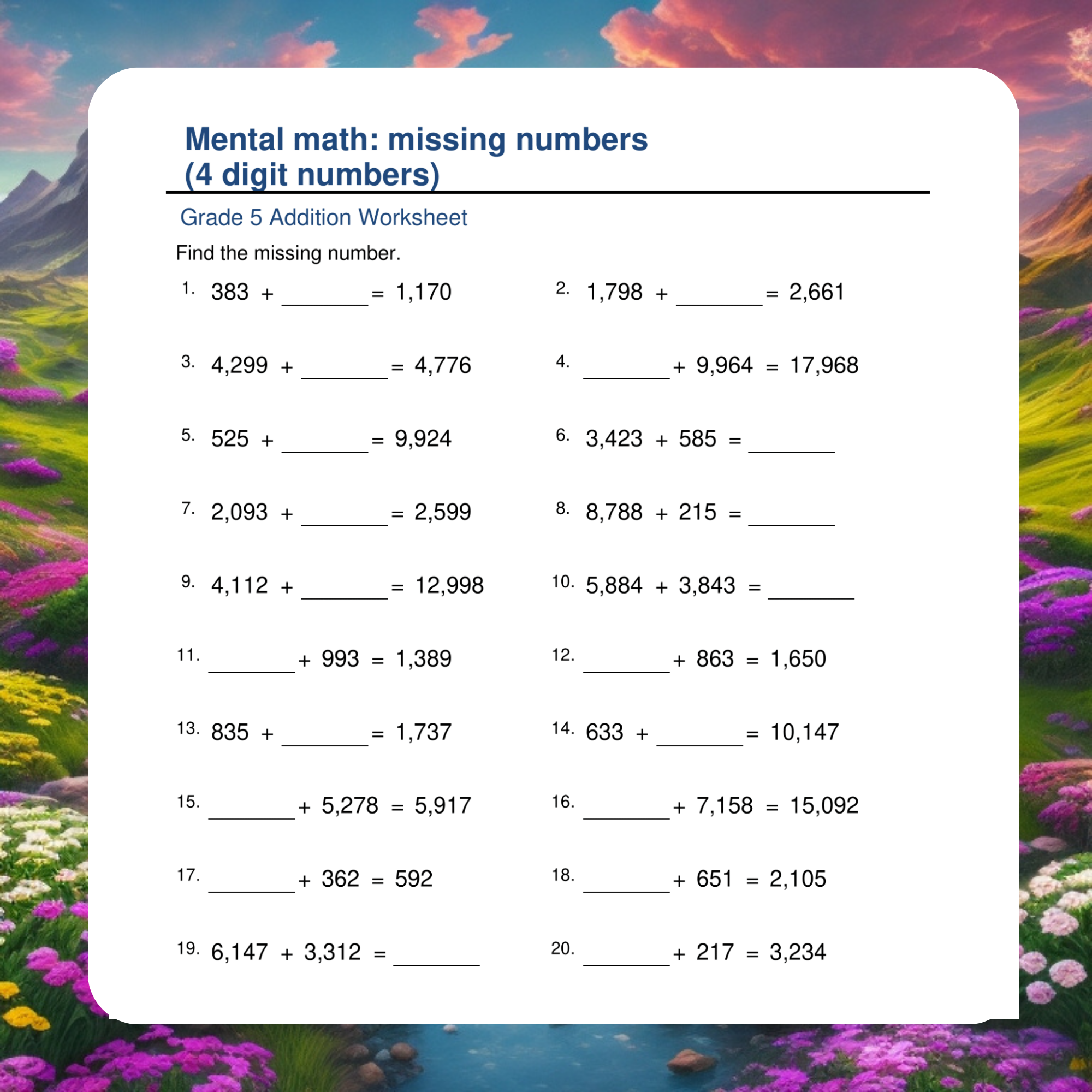 Grade 5 Addition Worksheets: Missing Numbers