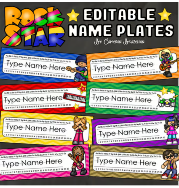Name Tags Plates Desk Labels Rockstar Rock n' Roll Theme Editable