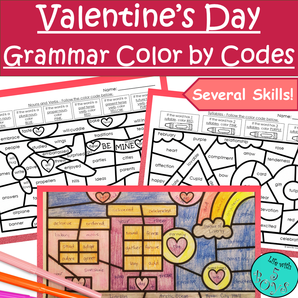 3rd Grade Valentine's Day Grammar and Parts of Speech Color by Code Activities