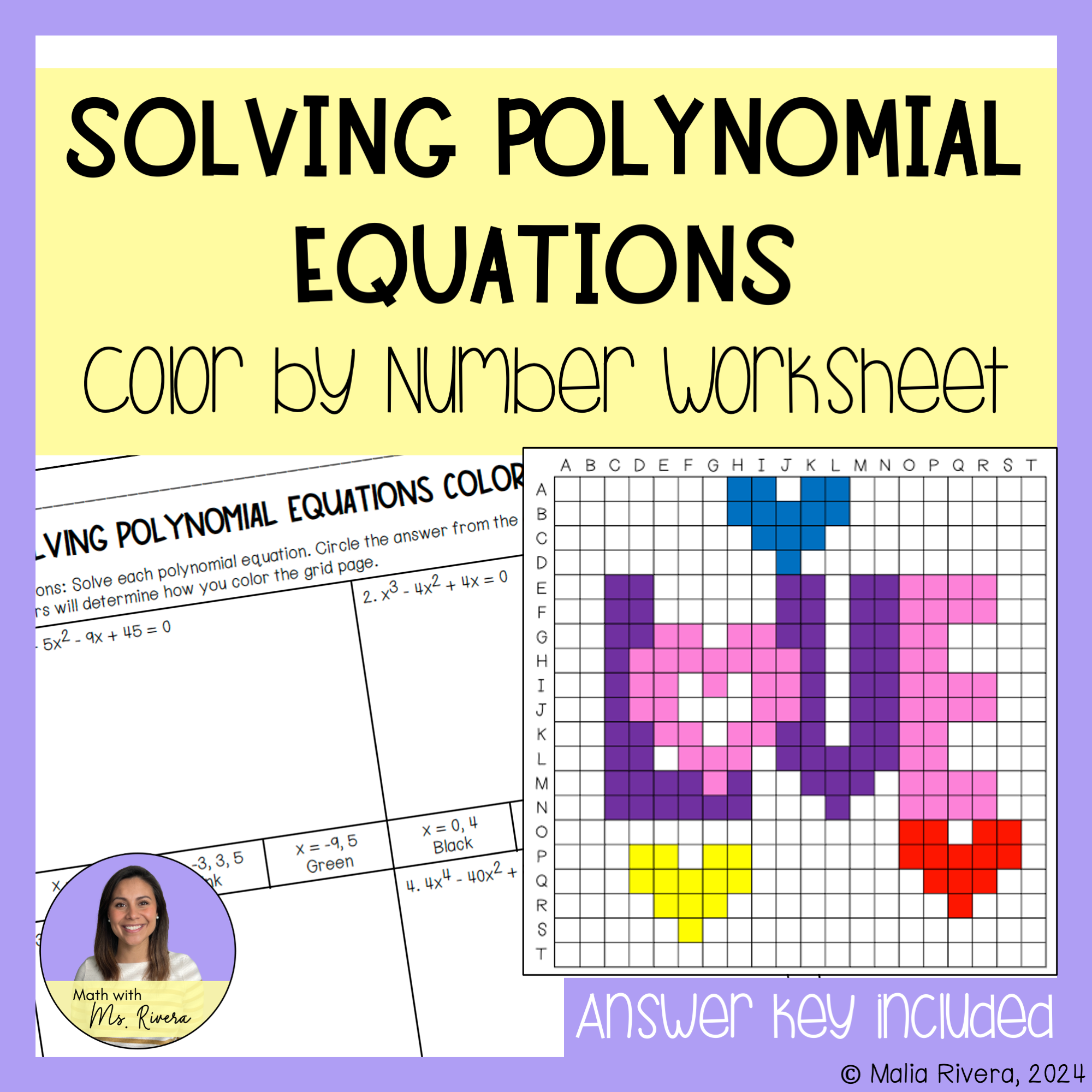 Valentine's Day Solving Polynomial Equations Color by Number Worksheet Algebra 2