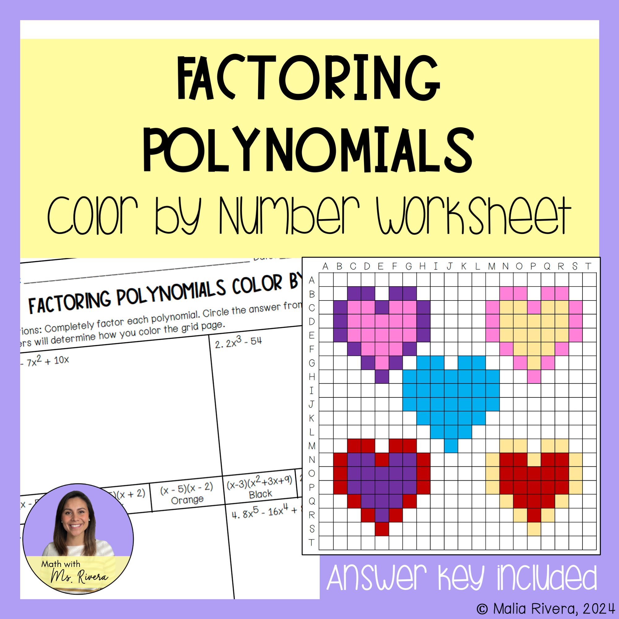Valentine's Day Factoring Polynomials Color by Number Worksheet for Algebra 2