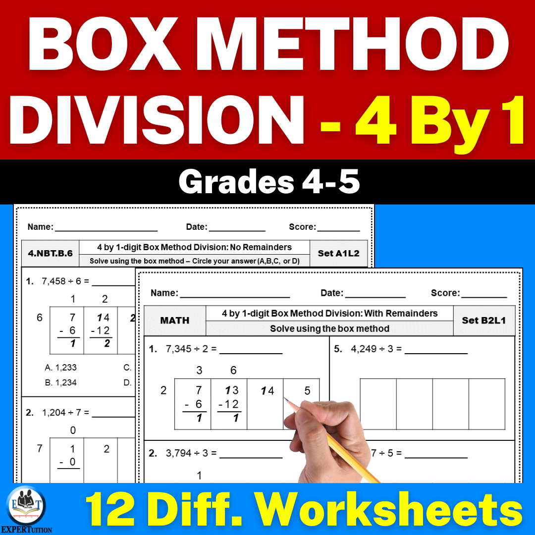4 Digit by 1 Digit Box Method Division Worksheets: 4th Grade Division With and Without Remainders