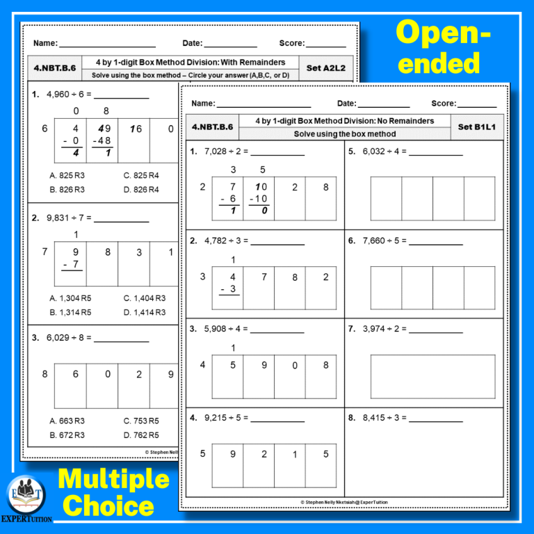 4 Digit by 1 Digit Box Method Division Worksheets: 4th Grade Division ...