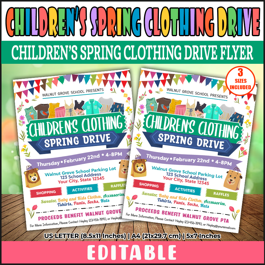 Editable Children's Spring Clothing Drive Flyer, PTO PTA Clothing Rummage Sale Event Invite