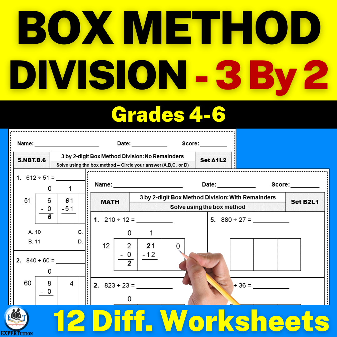 3 Digit by 2 Digit Box Method Division Worksheets: 5th Grade Division With and Without Remainders
