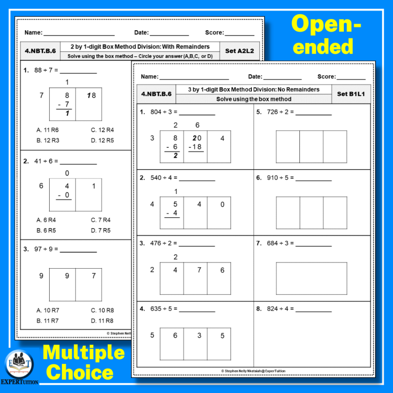 1-Digit and 2-Digit Divisors Box Method Division Worksheets for 4th ...