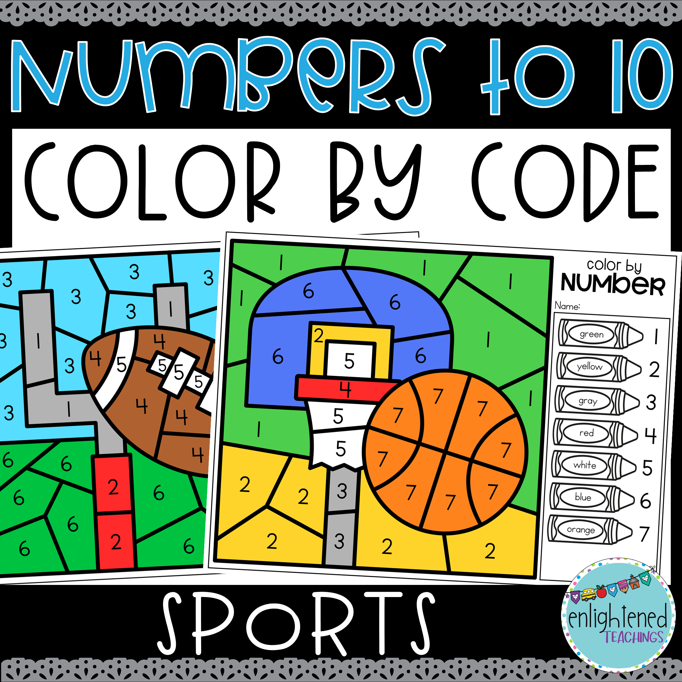 Sports Numbers to 10 Color by Code Sports Number Recognition Sports Math