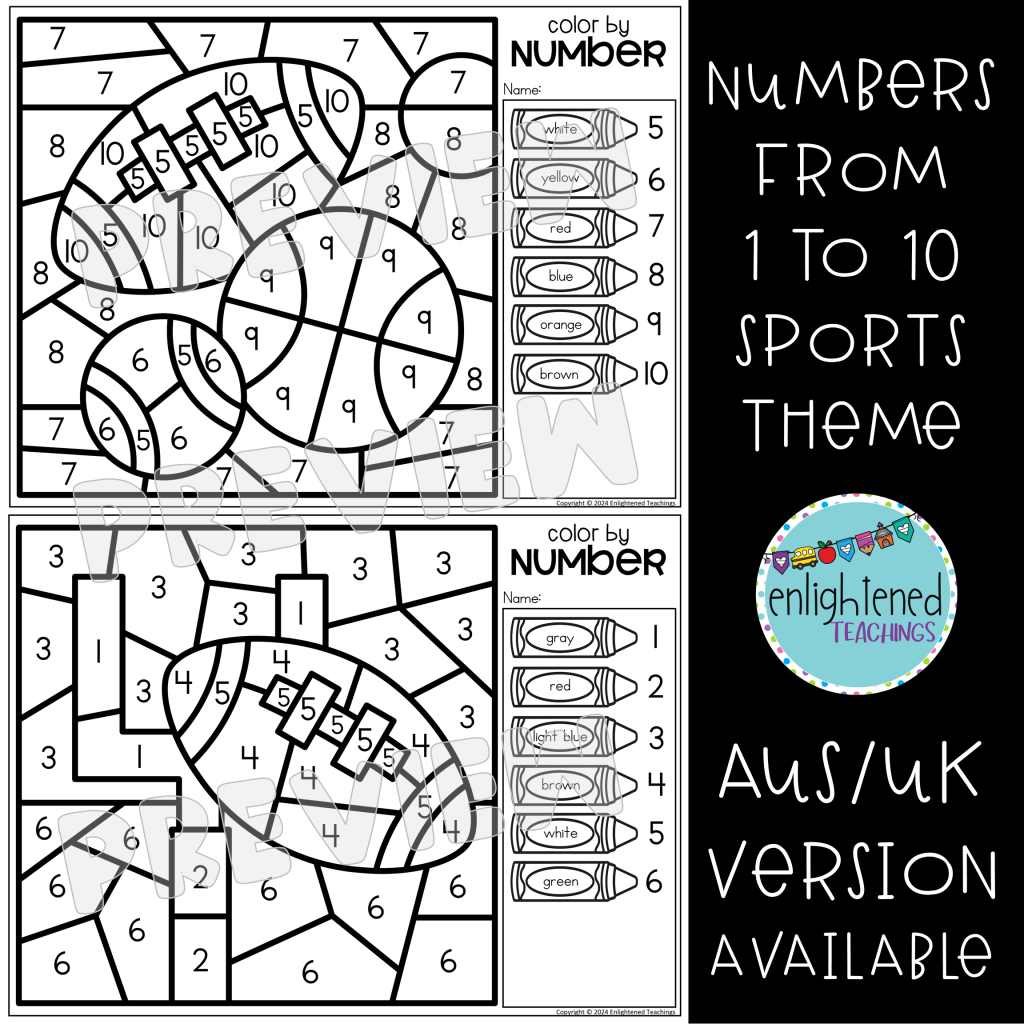 Sports Numbers to 10 Color by Code Sports Number Recognition Sports ...