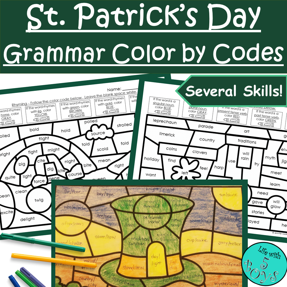 3rd Grade St. Patrick's Day Grammar & Parts of Speech Color by Code Activities