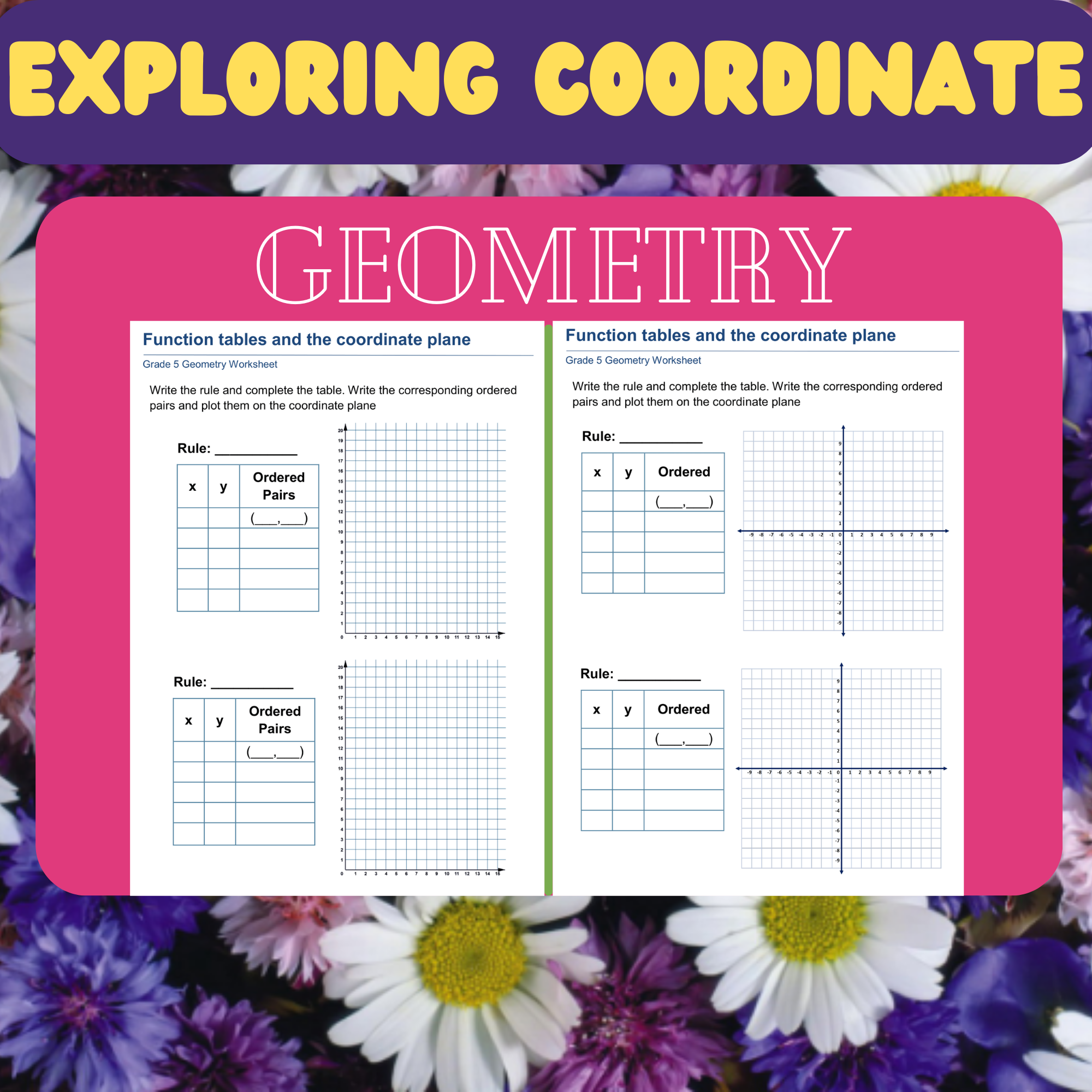 Exploring Coordinate Geometry: Worksheets for Quadrants, Transformations