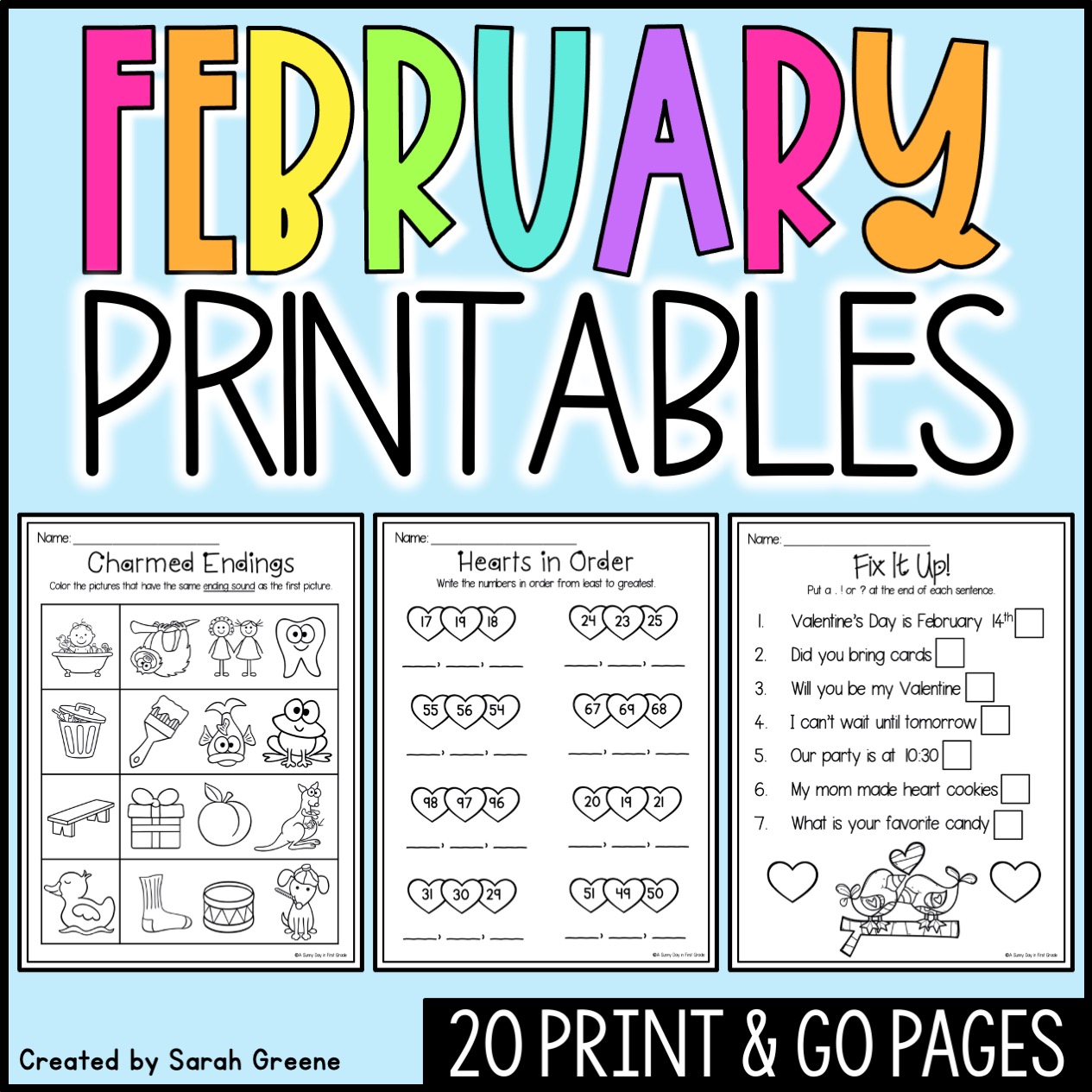 February No-Prep Worksheets for Literacy and Math
