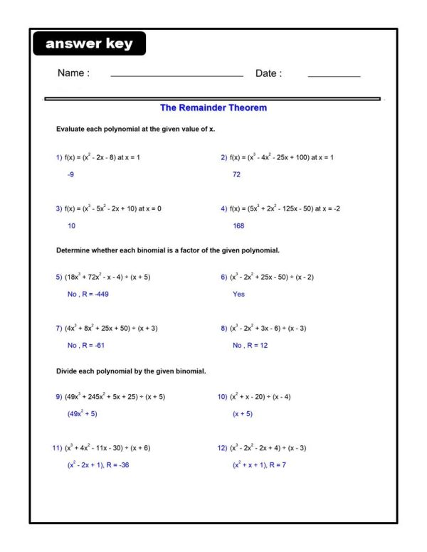 The Remainder Theorem Worksheets - Algebra 2 - Polynomial Functions ...