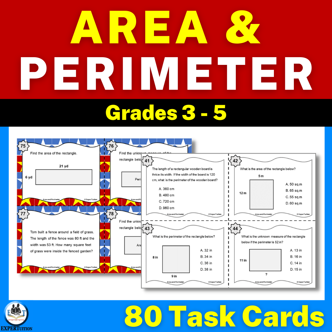 Area and Perimeter Practice Task Cards - Multiple Choice and Open-Ended Questions