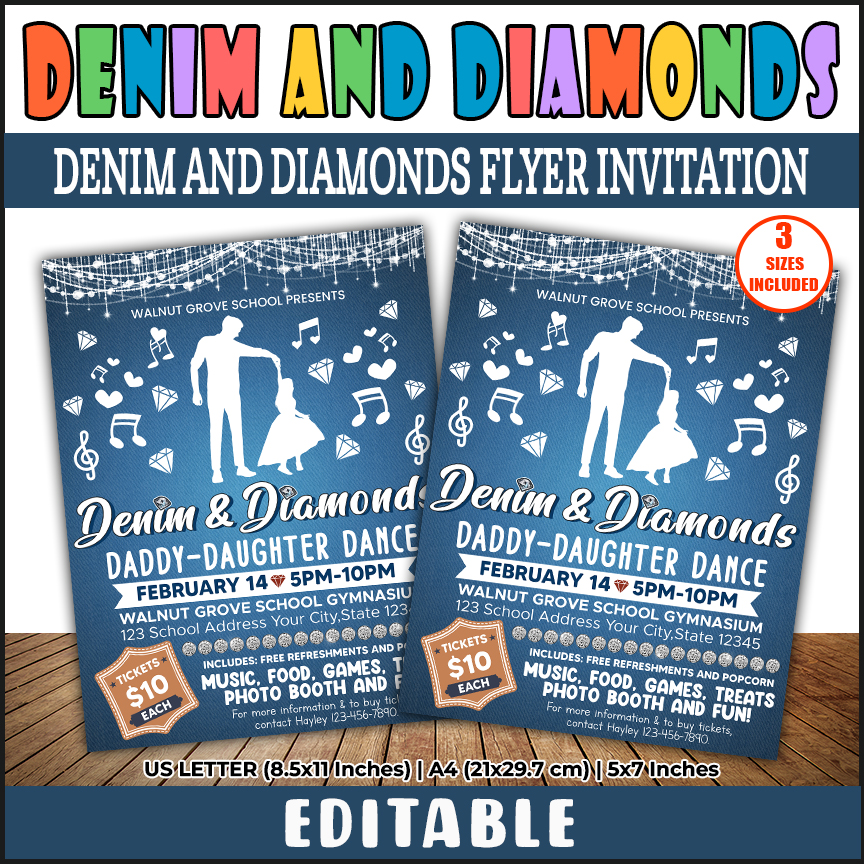 DIY Daddy Daughter Dance Denim and Diamonds Flyer, School Pto Pta Fundraiser Template