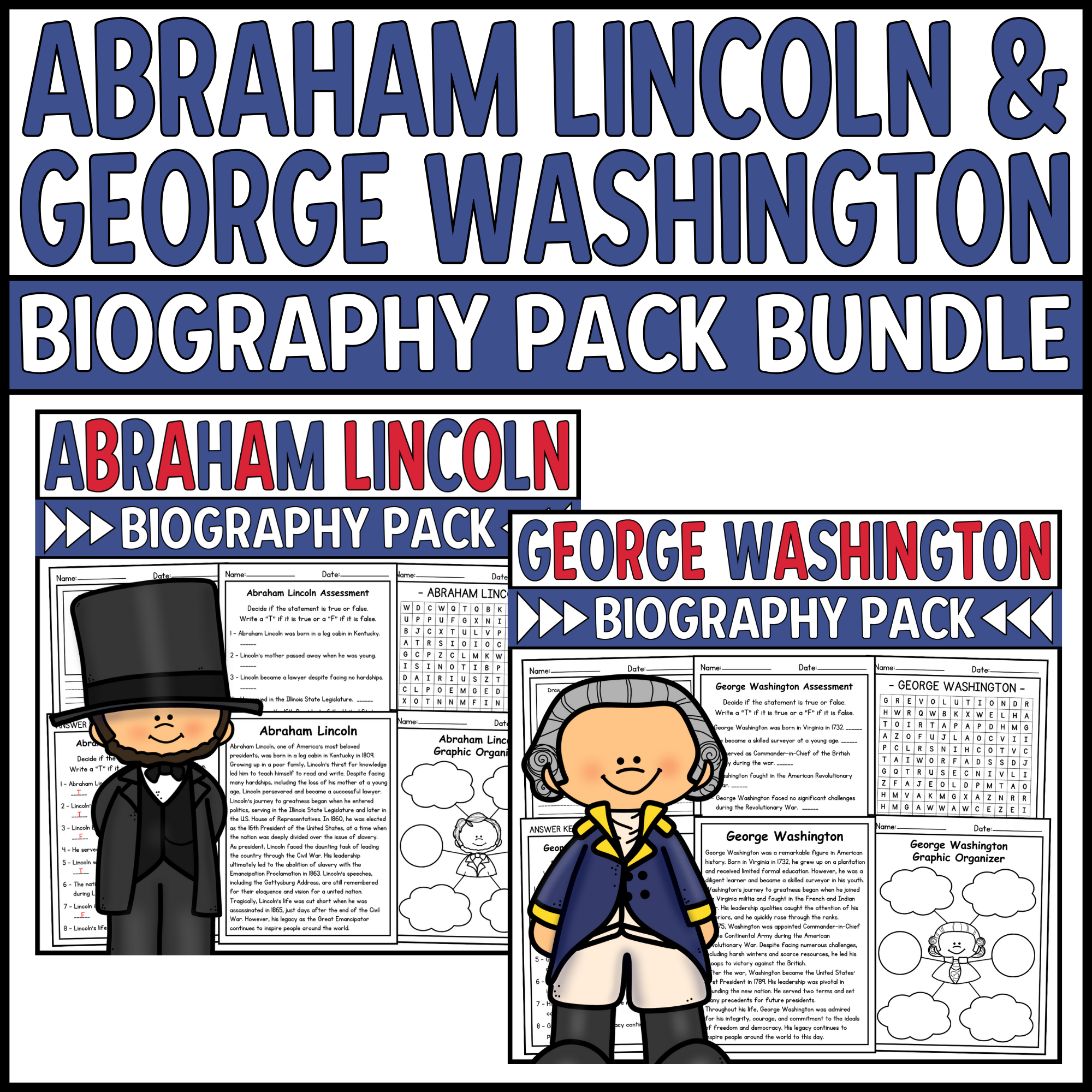 Abraham Lincoln & George Washington Biography Unit Pack Bundle • Presidents Day