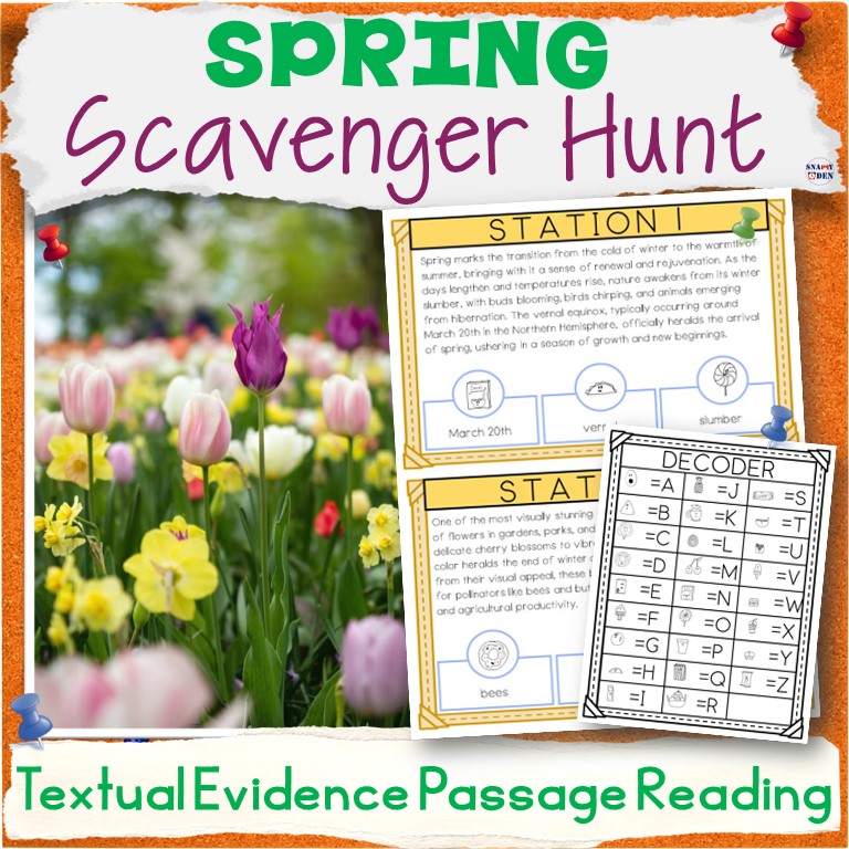 First Day of Spring Scavenger Hunt Reading Passages Textual Evidence Activities