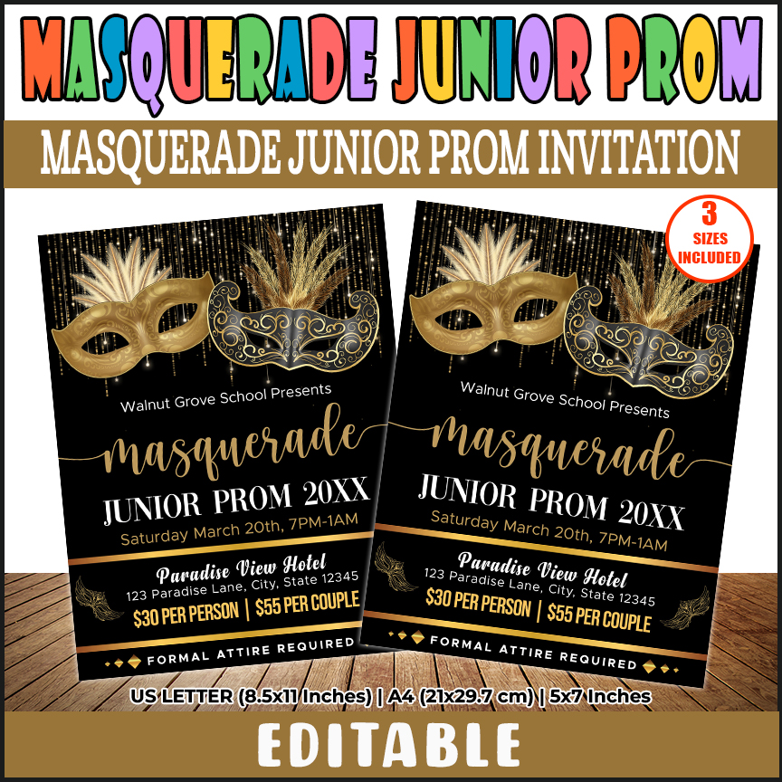 Editable Masquerade Junior Prom Flyer Invitation, Masquerade Ball Theme Template