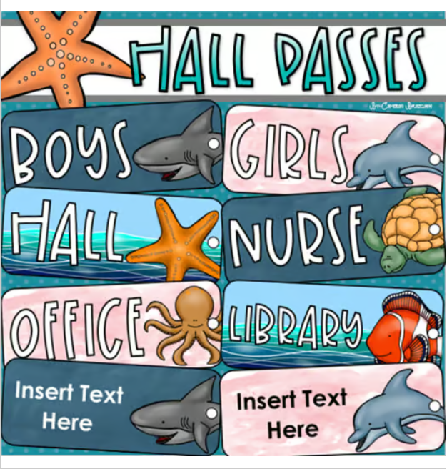 Hall Passes Ocean Under the Sea Theme Editable (Boys, Girls, Office, Nurse)
