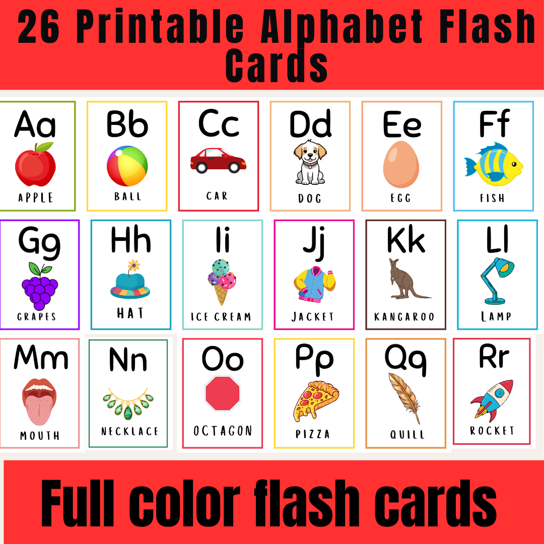 26 Printable Alphabet Flash Cards, A-Z Cards, Full color flash