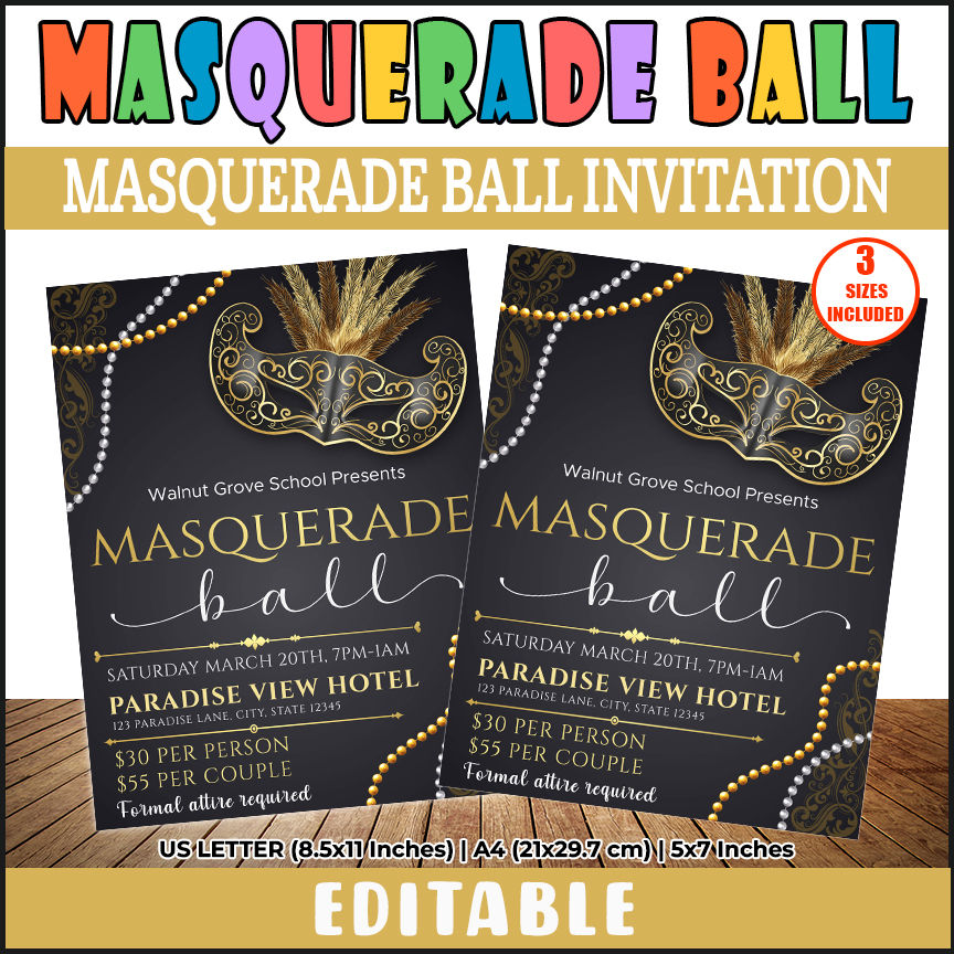 Editable Masquerade Ball Flyer Invitation, Masquerade Theme Prom Template