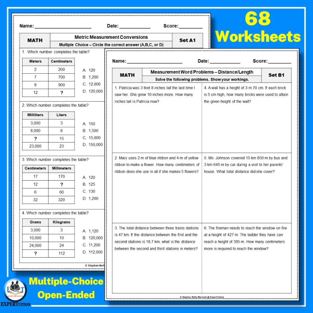 Measurement & Data Worksheets & Task Cards - Conversions/Word Problems ...