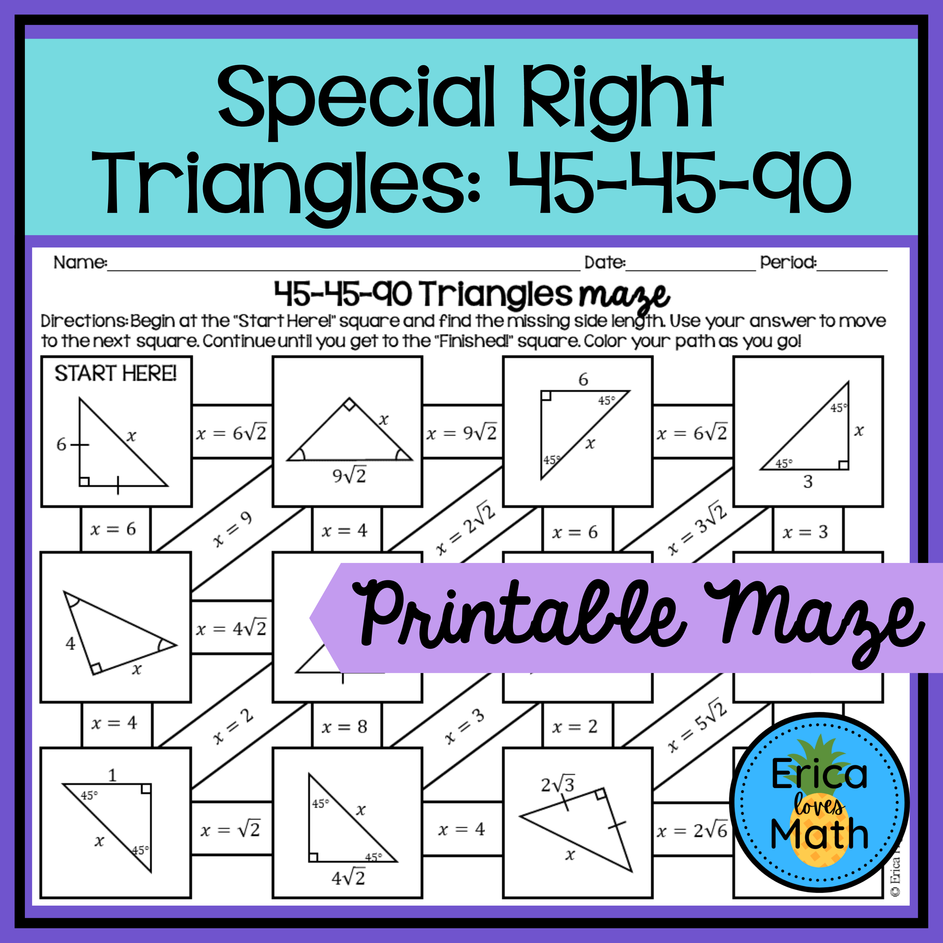45-45-90 Special Right Triangles Maze Worksheet Activity