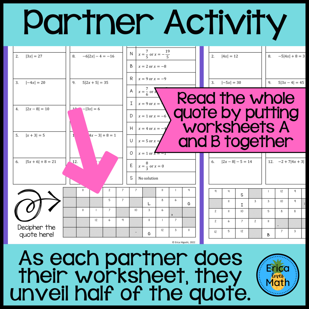 Solving Absolute Value Equations Differentiated Partner Worksheets ...