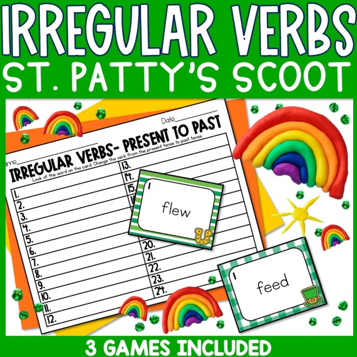 St. Patrick's Day Irregular Past Tense Verbs 3 Write The Room Scoot Games