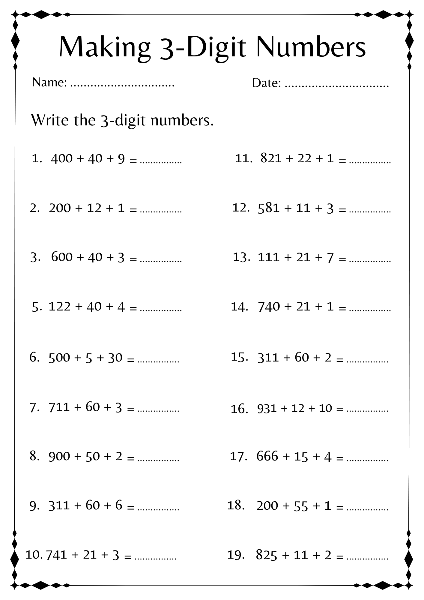 Place value 3 digit numbers worksheets - making 3-digit numbers