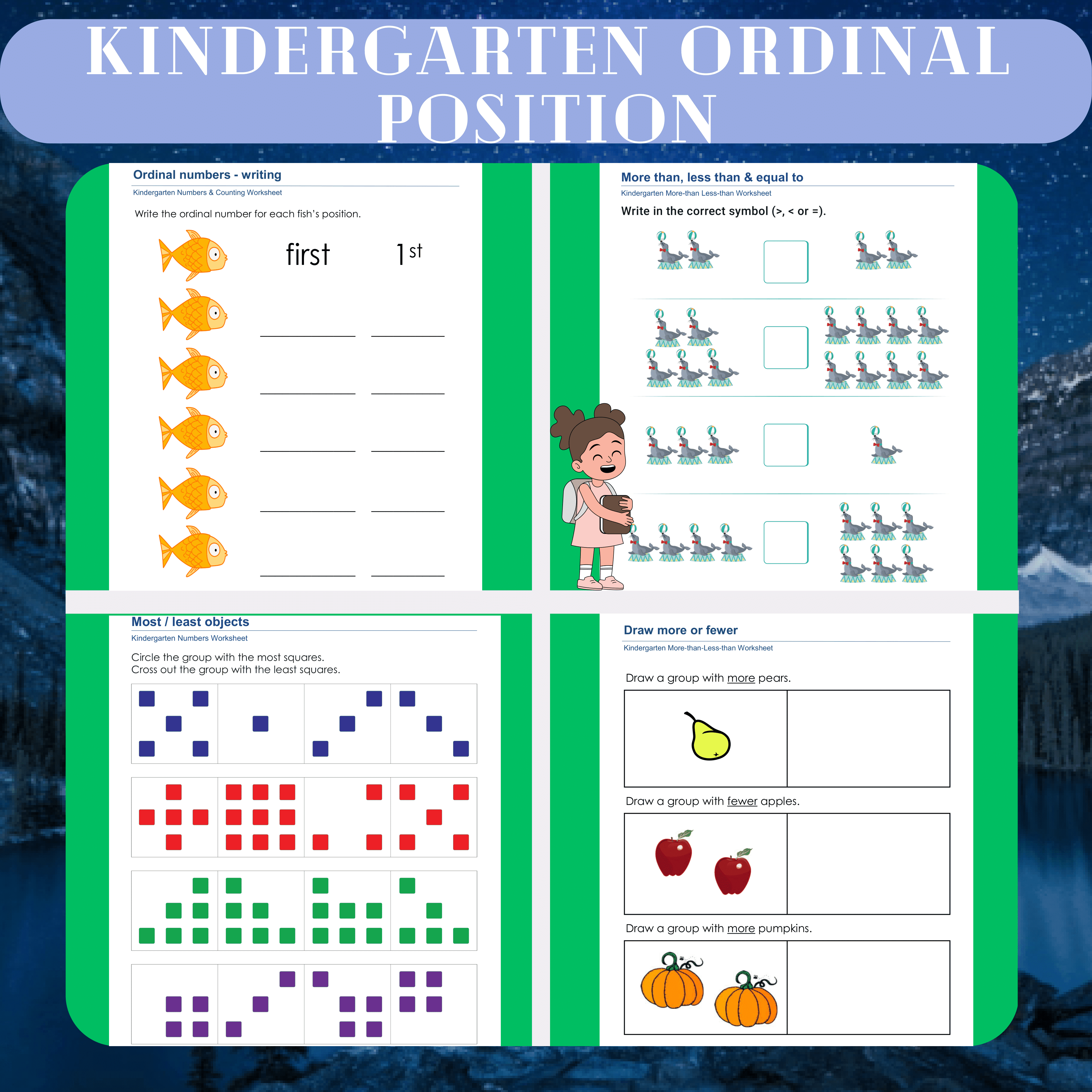 Kindergarten Ordinal Position and Comparison Worksheets