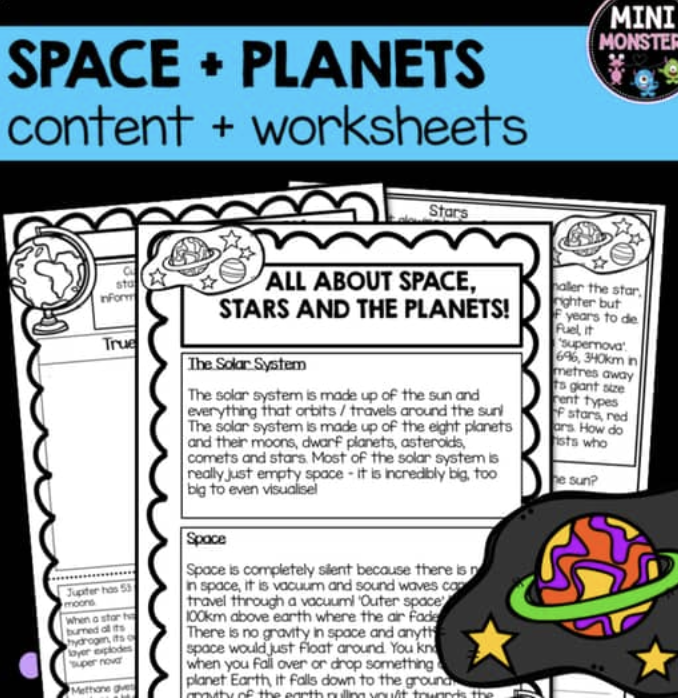 Planets, Stars and the Solar System Worksheets and Information Packet