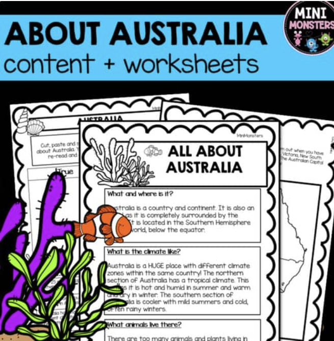 All About Australia Questions, Answers and Map Worksheets Packet
