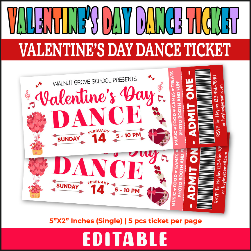 Customizable Valentine's Day Dance Ticket, School Dance Event Party Ticket Template